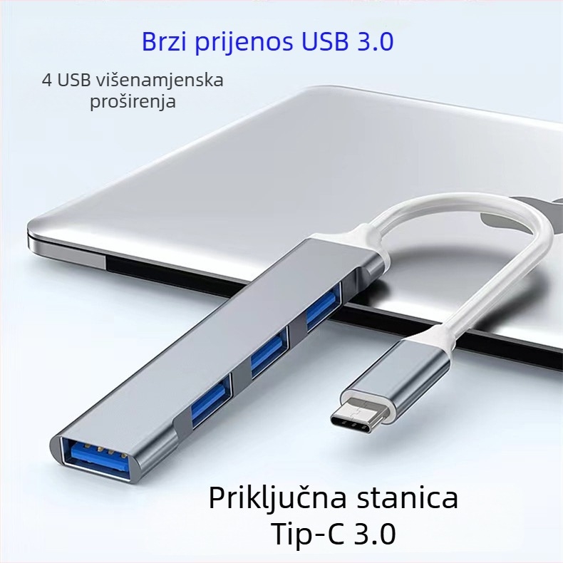 Četvero-portni USB 3.0 hub s Type-C za prijenosna računala — mini aluminijska docking stanica