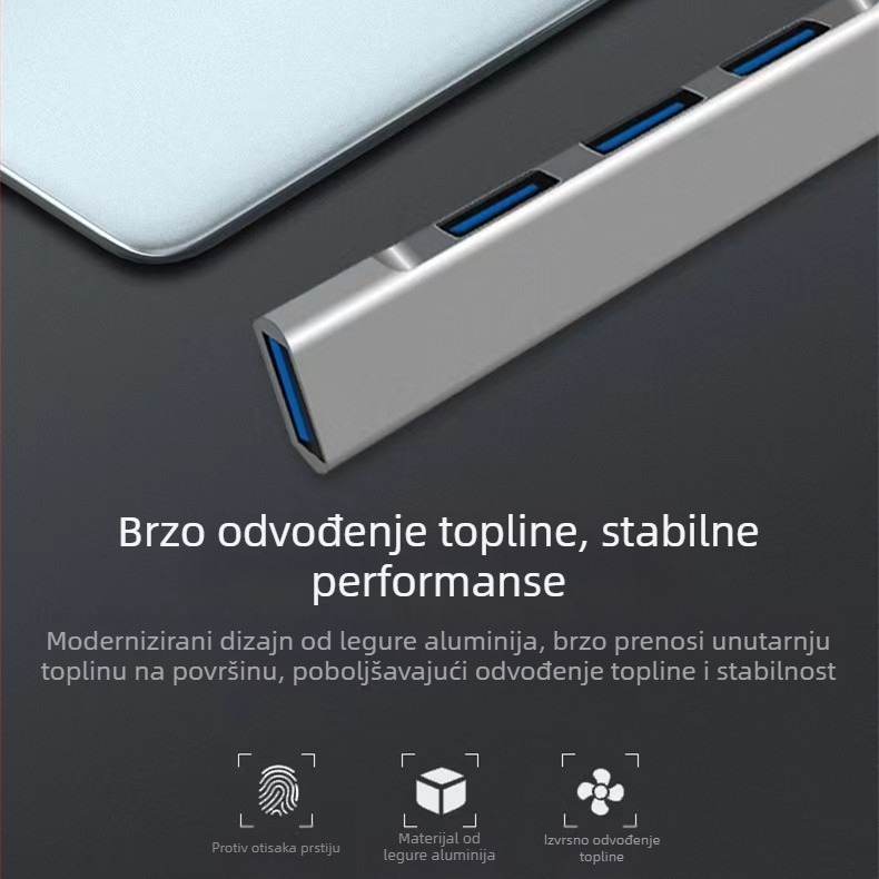 Četvero-portni USB 3.0 hub s Type-C za prijenosna računala — mini aluminijska docking stanica