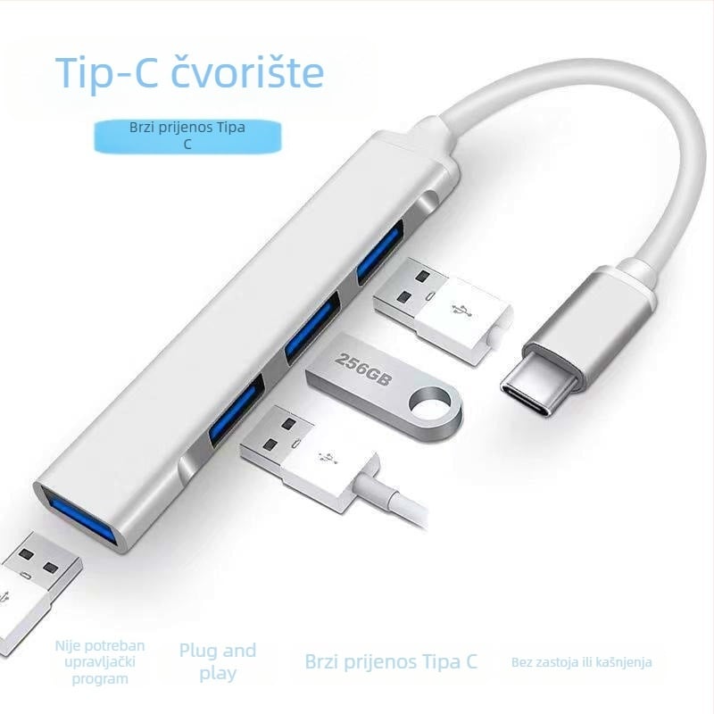 Četvero-portni USB 3.0 hub s Type-C za prijenosna računala — mini aluminijska docking stanica