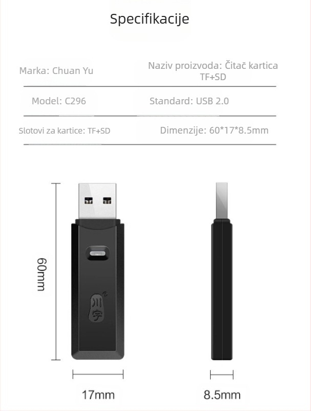 Chuanyu C296 USB 2.0 čitač kartica, dvostruki SD/TF utori, 2-u-1 čitač SD/TF