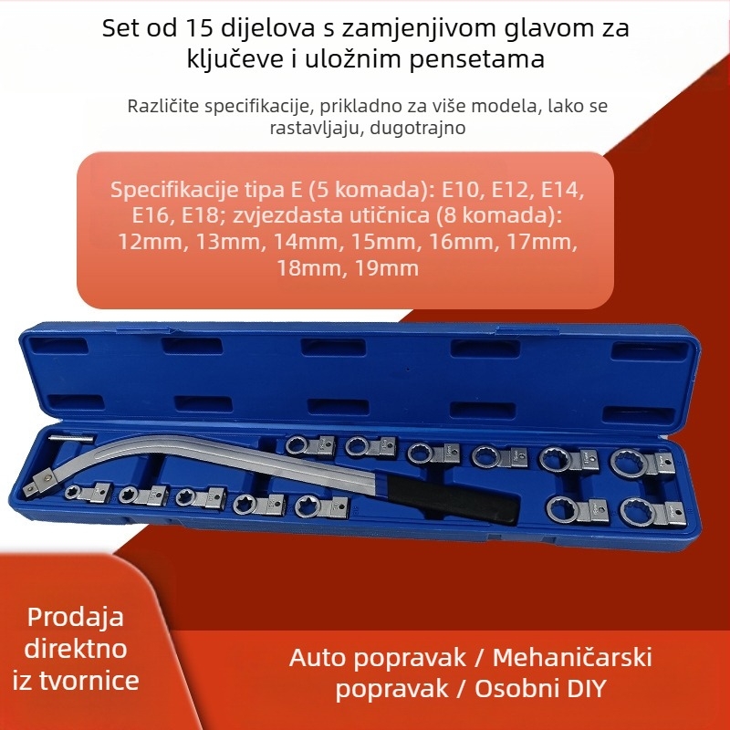 Pojasni ključ, set od 15 dijelova s zamjenjivim glavama, kromirani završni sloj, krom-vanadijev čelik, Težina 1.7