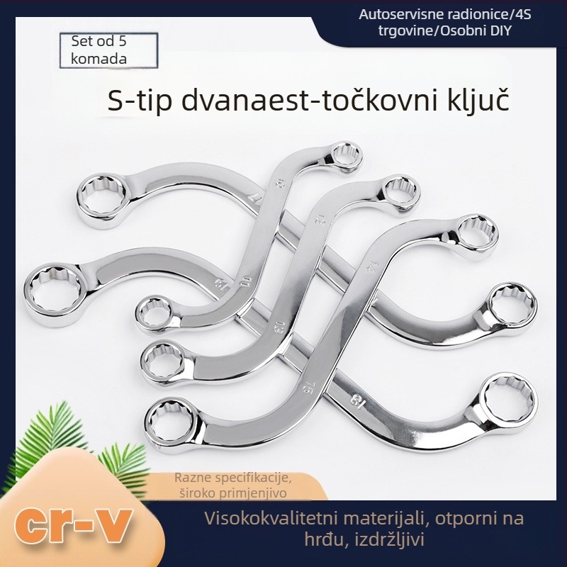 Pet dijelni set: S-oblik dvostruko glavnog ključa s U- i C-oblikovanim savijenim držačima, dvodijelni dvostruki alat, šestougaoni ključ