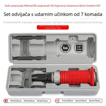 7-dijelni set impakt odvijača, višenamjenski za auto popravke, čelik krom-vanadij, PH3 PH4 vrhovi, metrički standard