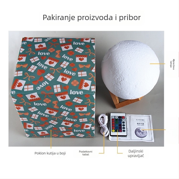 3D ispisano mjesečevo svjetlo s fotografijom, romantična noćna lampica za stol