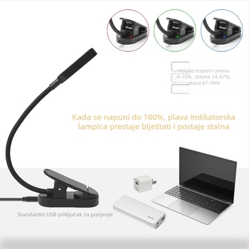 LED stolna lampica s klipom za čitanje, USB, prijenosna lampica za zaštitu očiju, model 8036, plastični abažur, gumb prekidač, napon ≤36V
