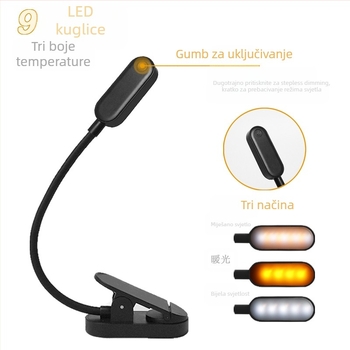 LED stolna lampica s klipom za čitanje, USB, prijenosna lampica za zaštitu očiju, model 8036, plastični abažur, gumb prekidač, napon ≤36V