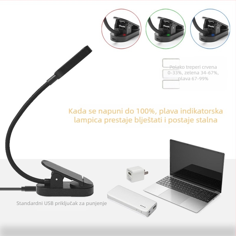 LED stolna lampica s klipom za čitanje, USB, prijenosna lampica za zaštitu očiju, model 8036, plastični abažur, gumb prekidač, napon ≤36V