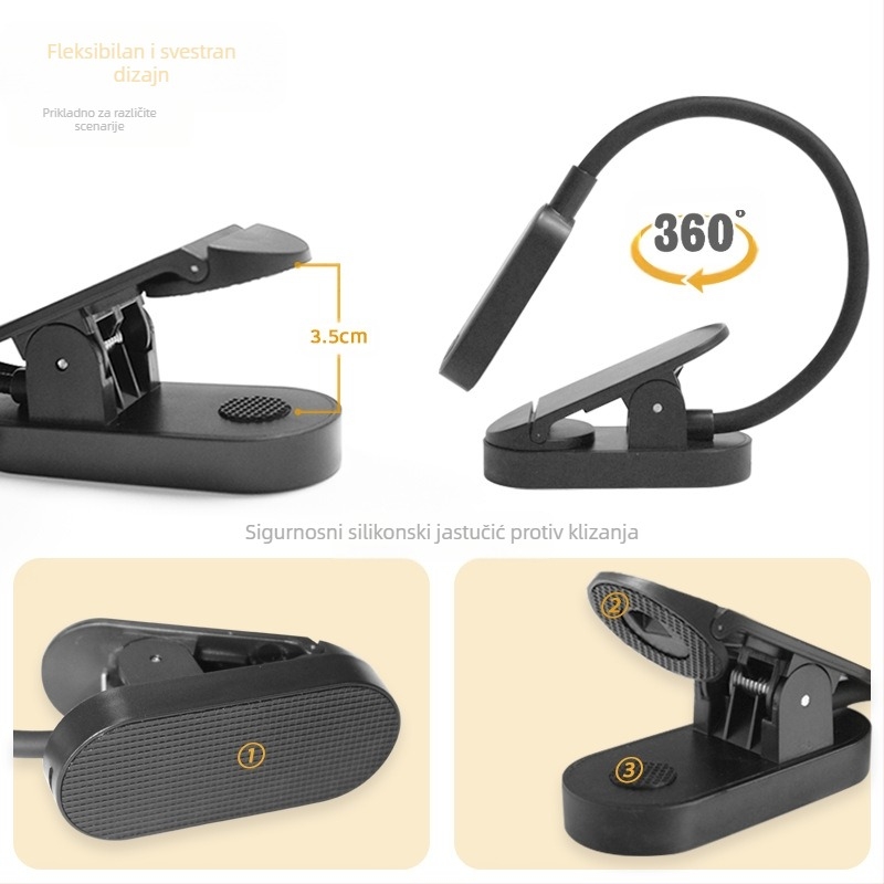 LED stolna lampica s klipom za čitanje, USB, prijenosna lampica za zaštitu očiju, model 8036, plastični abažur, gumb prekidač, napon ≤36V