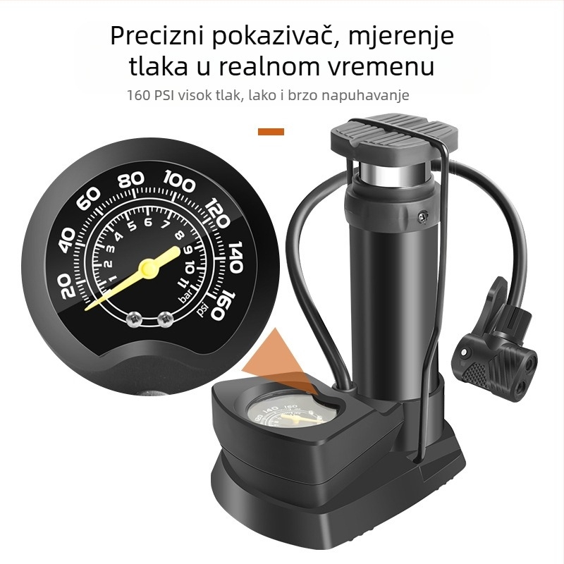 Nožna pumpa za automobile, bicikle, motocikle i električna vozila — visoki tlak, jednocilindarska, 25 L/min, s manometrom