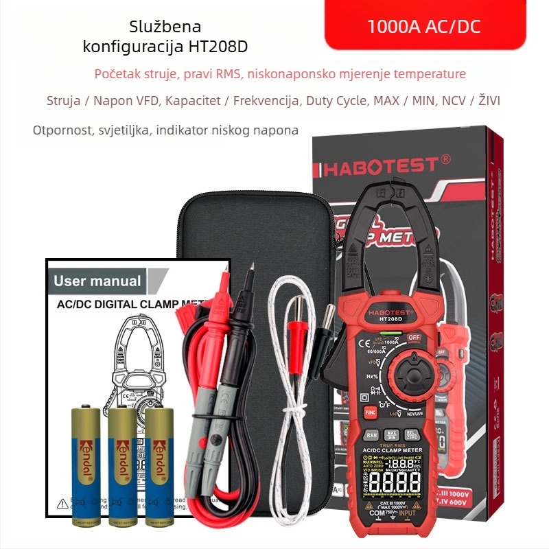 Digitalni klema mjerač, mjerenje AC/DC, raspon do 1000 A, LCD zaslon, zaštita od pregrijavanja, višenamjenski