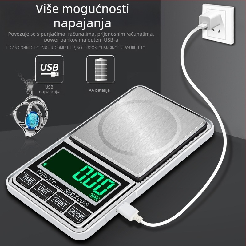 USB napajana prijenosna vaga za zlatni nakit, točnost 0,01 g, džepna kućna vaga