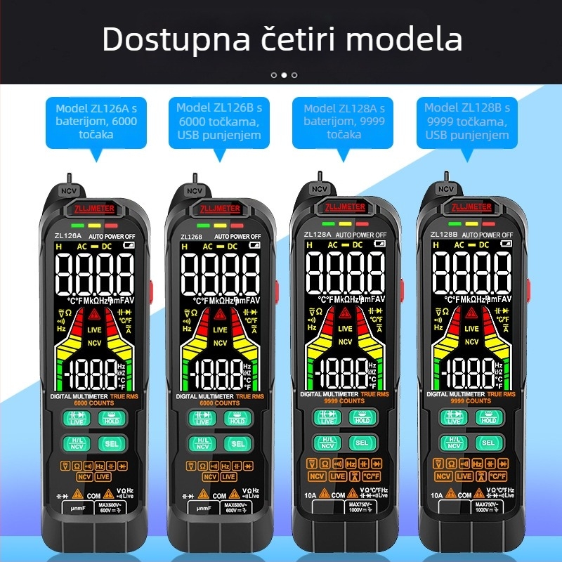 ZL126A/ZL128 Digitalni multimetar s automatskim rasponom, CAT III 600V, mjerenje DC/AC napona do 1000V/750V, kapacitet do 1.000.000 μF