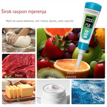 Prijenosni pH mjerač s staklenim elektrodom, digitalni zaslon, raspon 0–14 pH, točnost 0,01 pH, kompenzacija temperature 0–60 °C