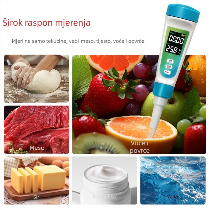 Prijenosni pH mjerač s staklenim elektrodom, digitalni zaslon, raspon 0–14 pH, točnost 0,01 pH, kompenzacija temperature 0–60 °C