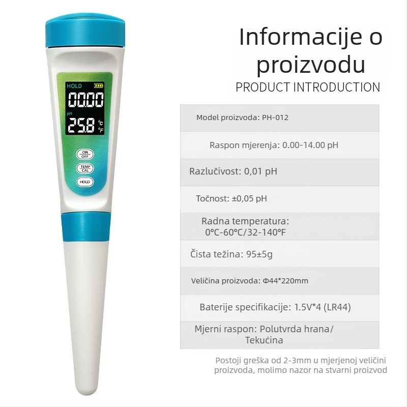 Prijenosni pH mjerač s staklenim elektrodom, digitalni zaslon, raspon 0–14 pH, točnost 0,01 pH, kompenzacija temperature 0–60 °C