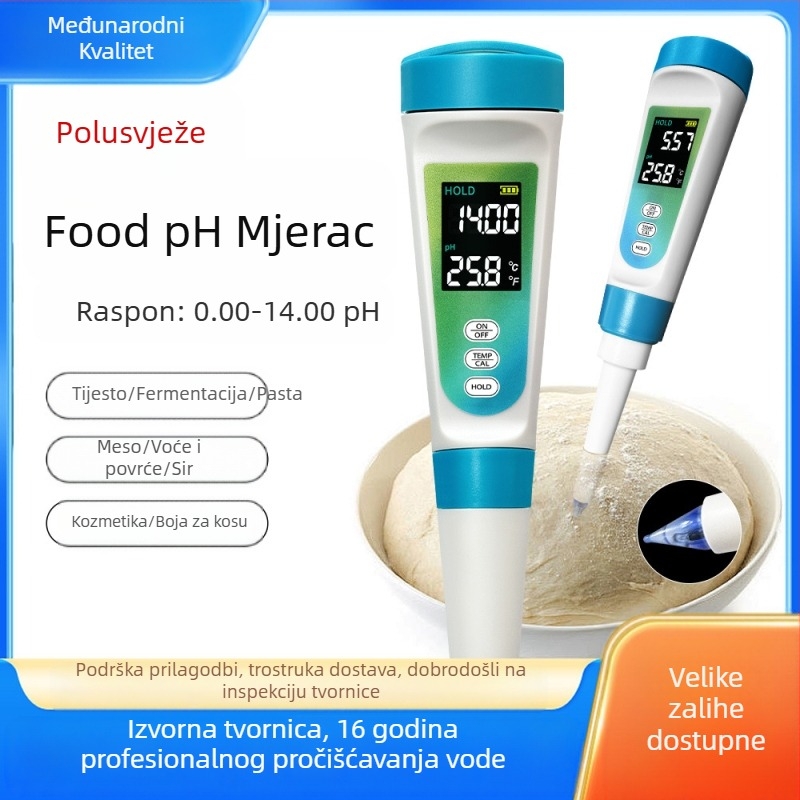 Prijenosni pH mjerač s staklenim elektrodom, digitalni zaslon, raspon 0–14 pH, točnost 0,01 pH, kompenzacija temperature 0–60 °C