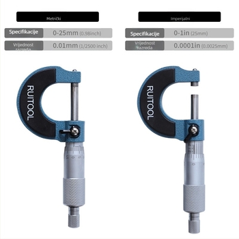 RUITOOL vanjski mikrometar, 0-25 mm / 0-1″, visoka preciznost, mehanički vijčani mikrometar