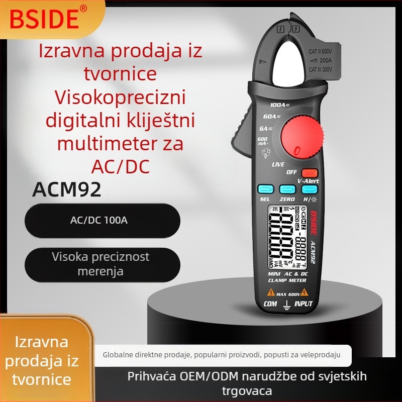 BSIDE ACM92 Digitalni AC/DC klampski mjerač, 100 A, 600 V, 6000 Ω