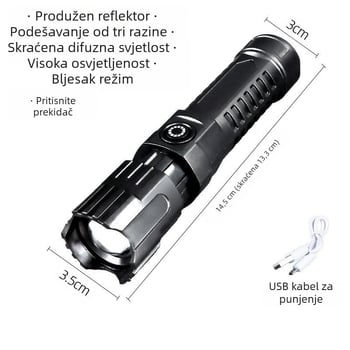 Punjenje LED svjetiljka sa zumom, 1200mAh baterija, USB punjenje, 360° rotacija, domet preko 500 m
