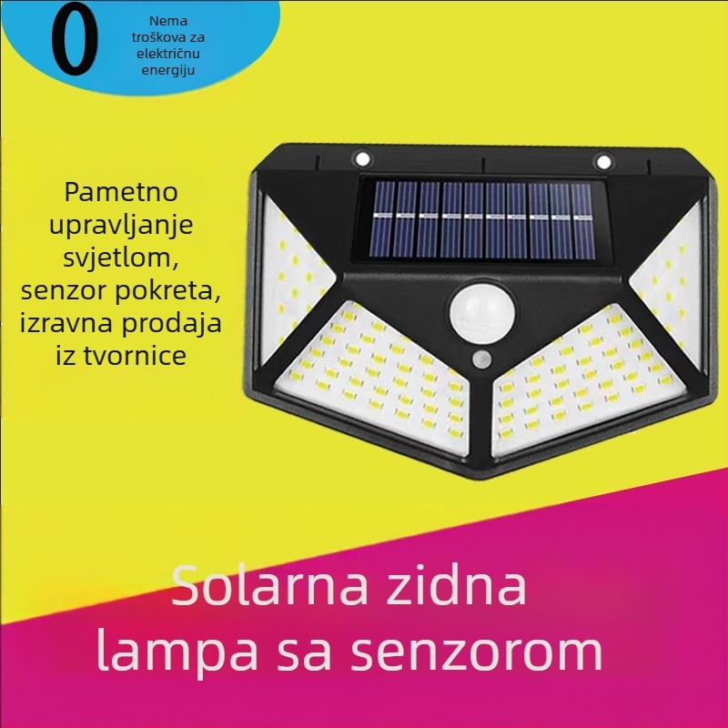 Solarna zidna svjetiljka sa senzorom pokreta, 100 LED za vrt i vanjsko osvjetljenje, integrirana dekorativna svjetiljka