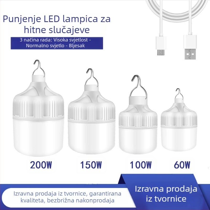 Noćna tržišna nužna rasvjeta – LED punjiva lampica, vanjska vodootporna, prijenosna, 3 razine osvjetljenja, 18,5 W, IP55, površinsko pričvršćivanje, samostalno napajanje
