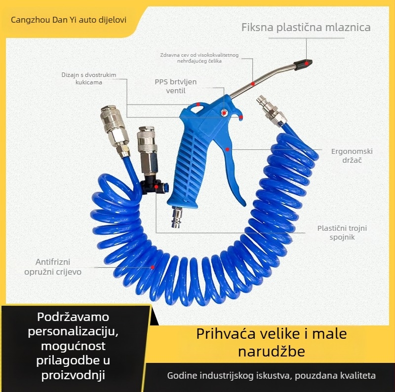 Pneumatski pištolj za puhavanje prašine – europsko-japanski stil, PU opruga, spiralna cijev i spiralno zračno crijevo; Marka: Dan Yi; Model: Auto parts; Namjena: vozila/mehanička oprema; Glavno tržište: Oceanija