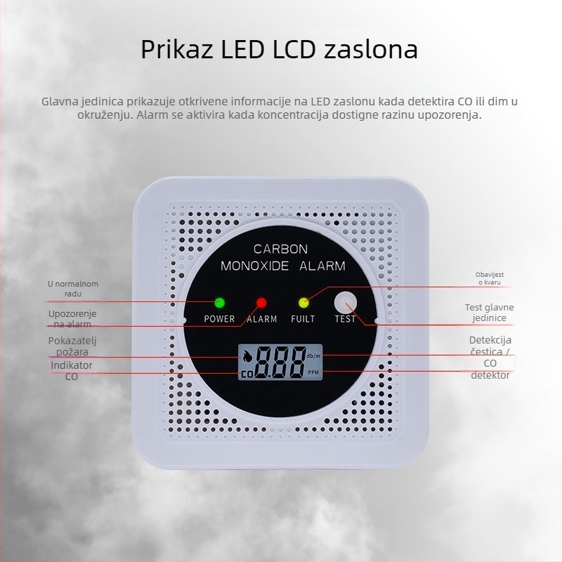 Detektor ugljičnog monoksida i dima, 2 u 1, JA-SC106, 4,5 V, bežični, zidna montaža, -10°C do 55°C.