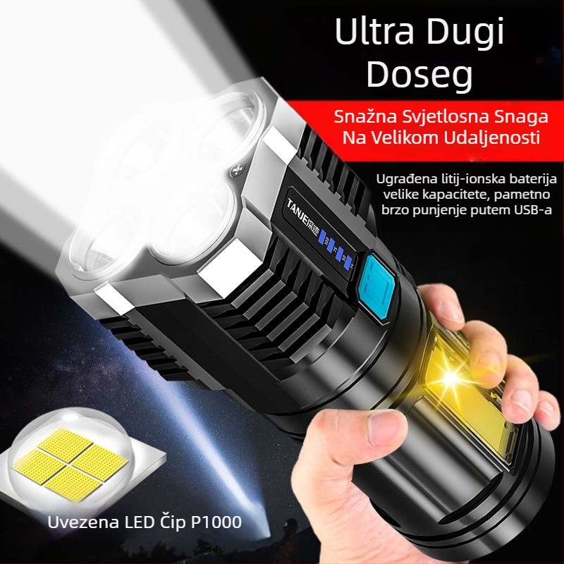 Punjava LED baterijska svjetiljka – snažan snop svjetla, 20W; kapacitet baterije 2400 mAh; izvor svjetla LED + žarulja; uključen punjač; domet 100–200 m