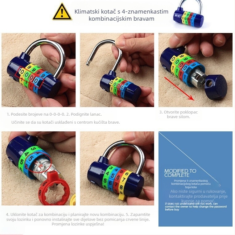 Katanac s kombinacijom od cinkovog legura, 4/5-cifreni, model 206, za garderobe i vrata, debljina šipke zaključavanja 7