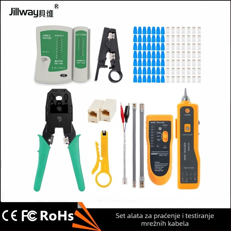 Set alata za mrežne kablove: tester za kablove, traženje kabla, kliješta za RJ-45, RJ-45 konektor Straight-Through, nož za skidanje izolacije, kućni set za mrežno održavanje