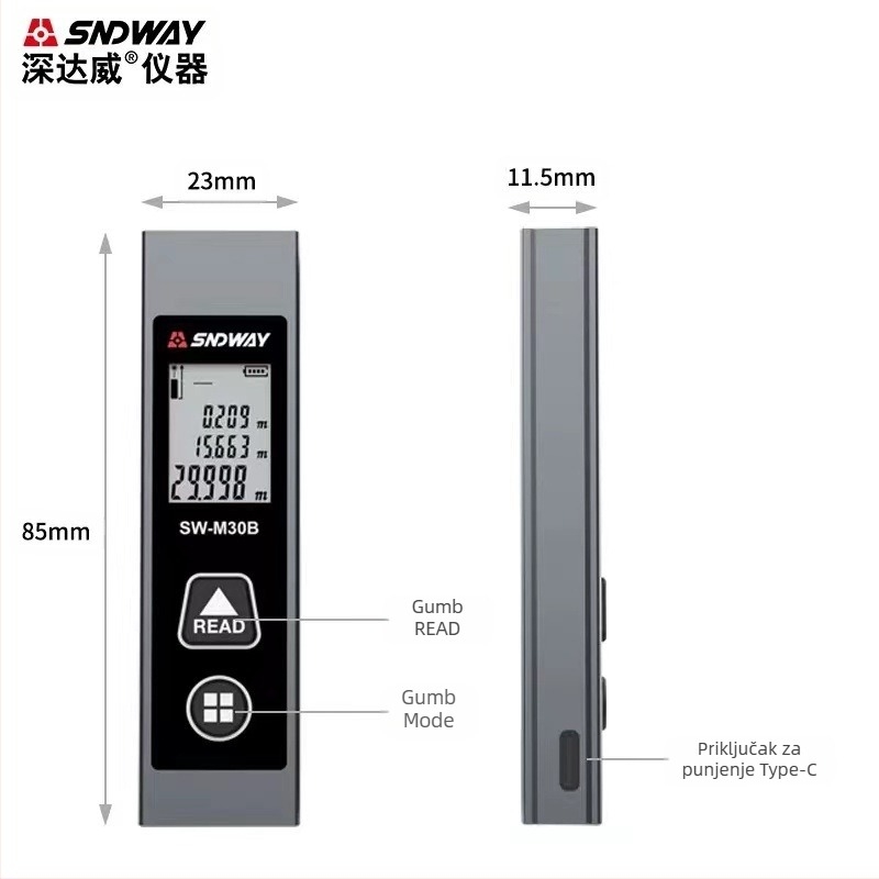 SNDWAY SW-M30A Mini laserski mjerač udaljenosti, infracrveni laserski mjerač SW-M30B