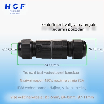 IP68 vodootporan konektor s tri vodova, dizajn straight-through, utikač s TUV certifikatom za kabel