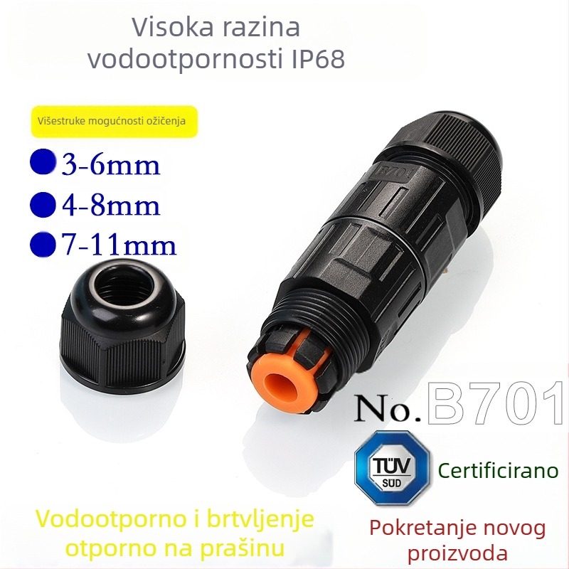 IP68 vodootporan konektor s tri vodova, dizajn straight-through, utikač s TUV certifikatom za kabel