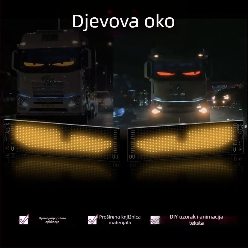 LED automobilni mekani zaslon za reklamnu - fleksibilan USB zaslon za ugradnju u vozilo s Bluetooth aplikacijom, model Devil's Eye, PU+FPCB, 10W, 5V, 2A
