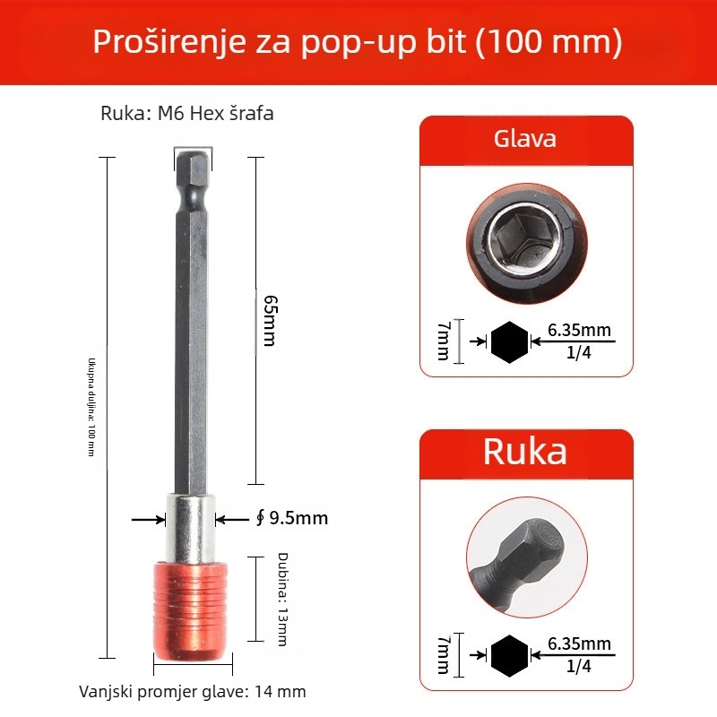 Šesterokutni produžni štap, magnetsko brzo otpuštanje, samouzamac zaključavanje, 40Cr