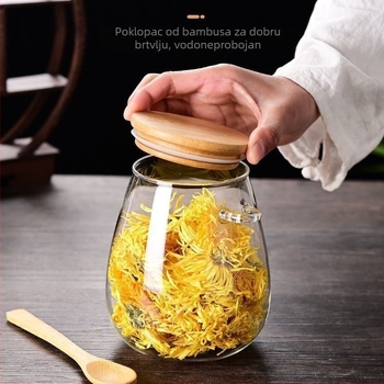Staklena hermetička posuda s kapom od bambusa i drvenom žlicom, proziran spremnik za čaj, grickalice i čvrste začine
