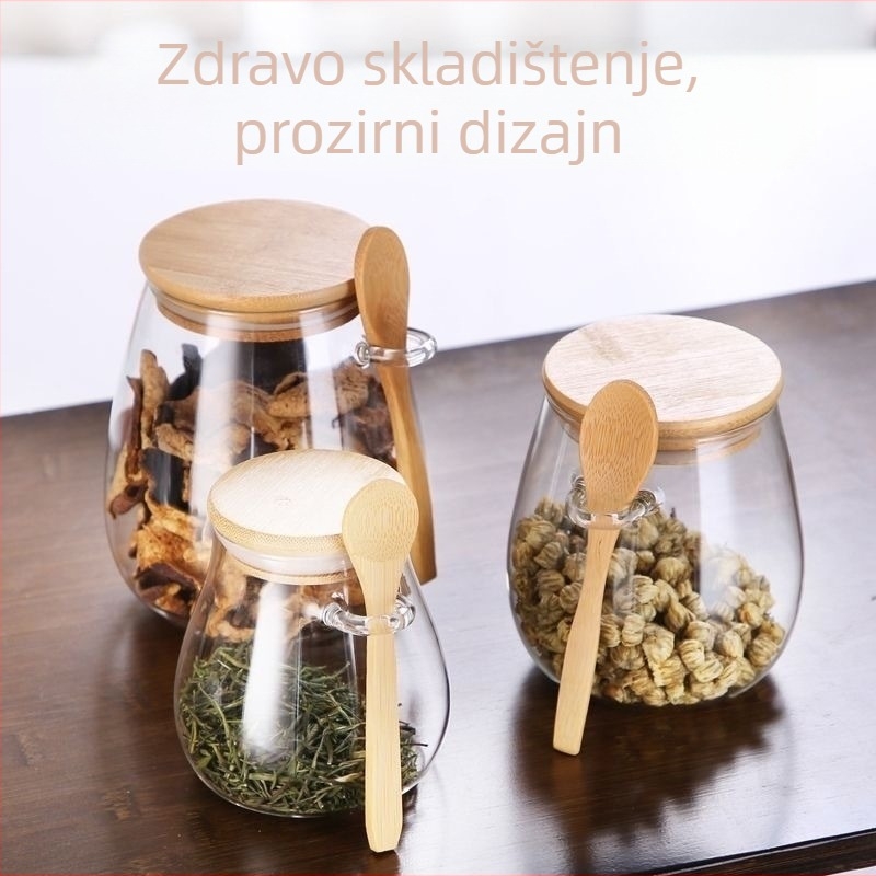 Staklena hermetička posuda s kapom od bambusa i drvenom žlicom, proziran spremnik za čaj, grickalice i čvrste začine