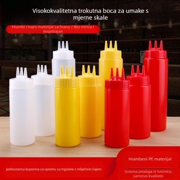 Plastična boca za umake s tri otvora – prilagodljiva, s tiskanim logom
