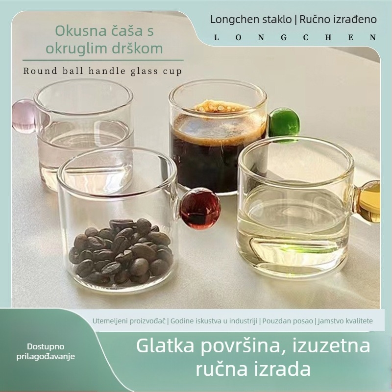 Staklena šalica s okruglom drškom - visoko borosilikatno staklo, ručno izduhano, oslikana površina, jednostavan moderni stil