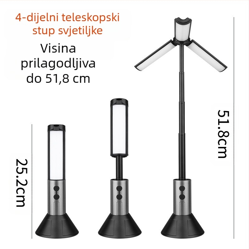 Višestruka kamping svjetiljka, 51 cm teleskop LED latarnica, 270° podesivo svjetlo, USB punjenje, 3000 mAh Power Bank