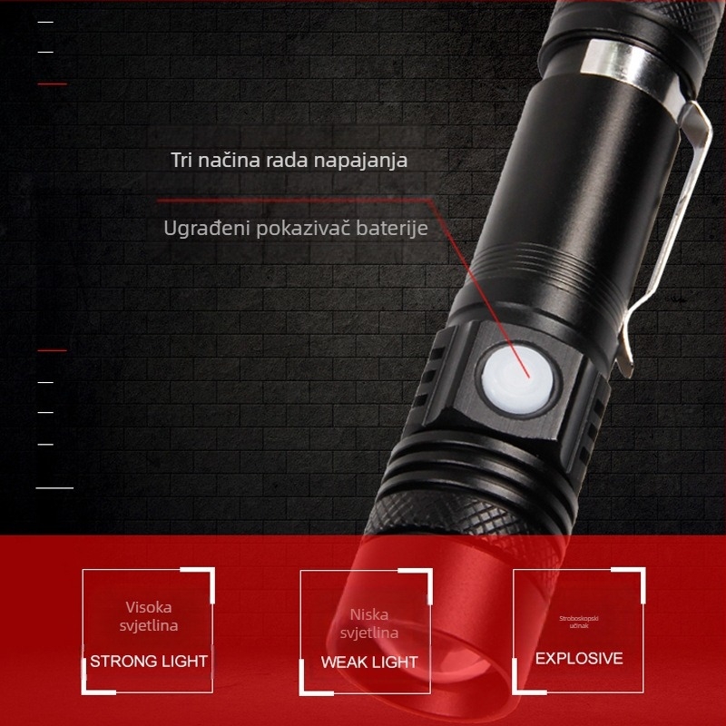 LED svjetiljka s baterijom 1200mAh, 10W, aluminijsko kućište, domet 100–200 m, punjiva.