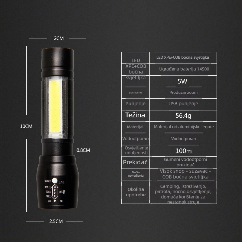 LED svjetiljka s COB bočnim svjetlom, teleskopski zum, USB punjenje, 5W, 600mAh, domet 50–100 m