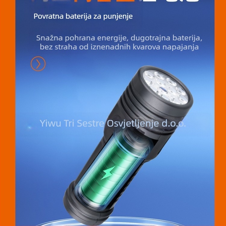 12-LED svjetiljka s COB bočnim svjetlom, magnetskim krajem, punjiva, uz uključeni uređaj za punjenje, 5W, 1200mAh
