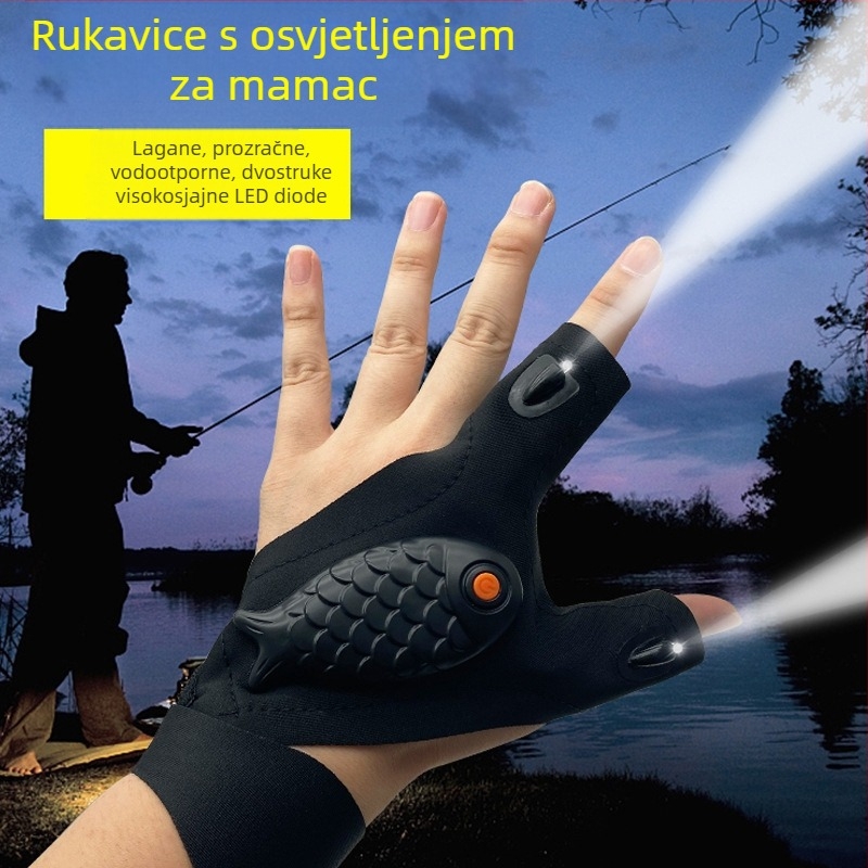 LED rukavice za ribolov sa svjetlom na prstu, dizajn pola prsta, elastomerni materijal, vanjsko punjenje za noćni ribolov