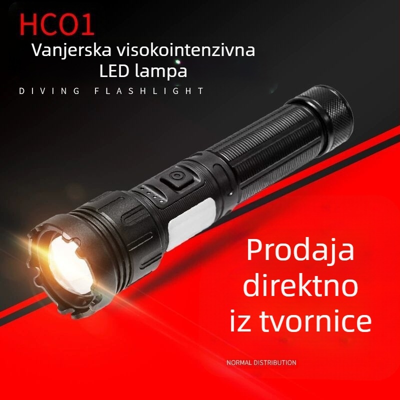 P50 teleskopska zoom svjetiljka, 30W, 5000mAh punjiva LED, aluminijski tijelo, domet 200–500 m