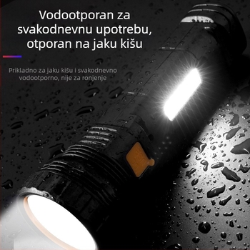 Solarna ručna svjetiljka s bočnim svjetlom – LED 15W, litij-ionska baterija 1000mAh, snop svjetla 90°, domet 100–300 m, vrijeme punjenja 3 sata.