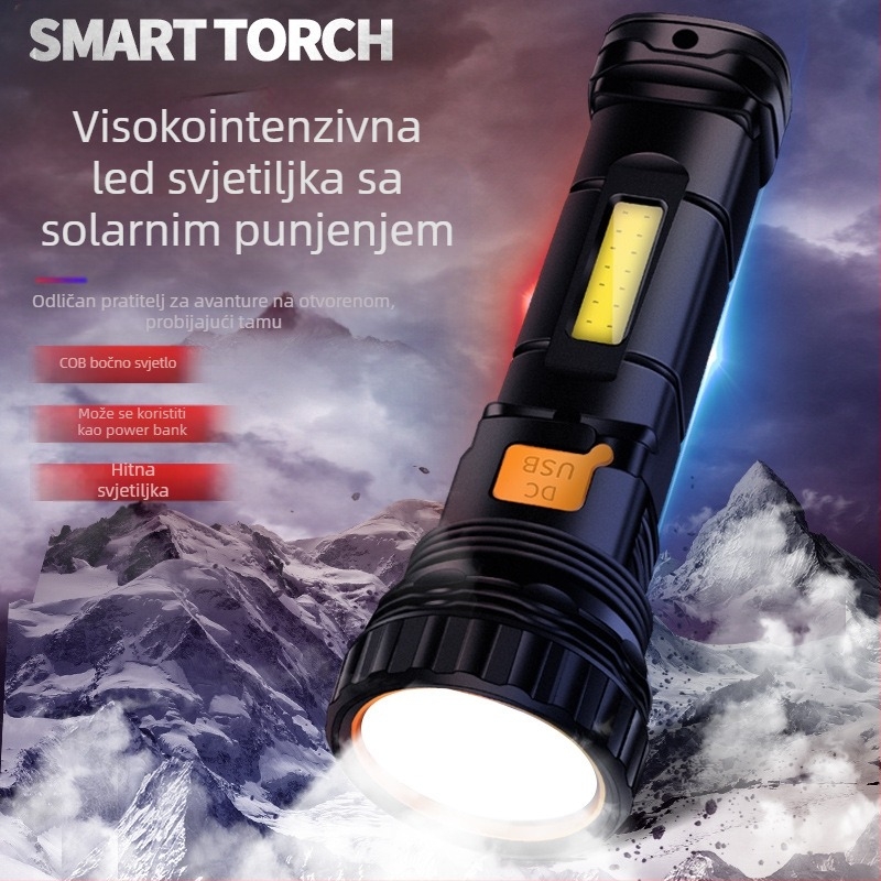 Solarna ručna svjetiljka s bočnim svjetlom – LED 15W, litij-ionska baterija 1000mAh, snop svjetla 90°, domet 100–300 m, vrijeme punjenja 3 sata.