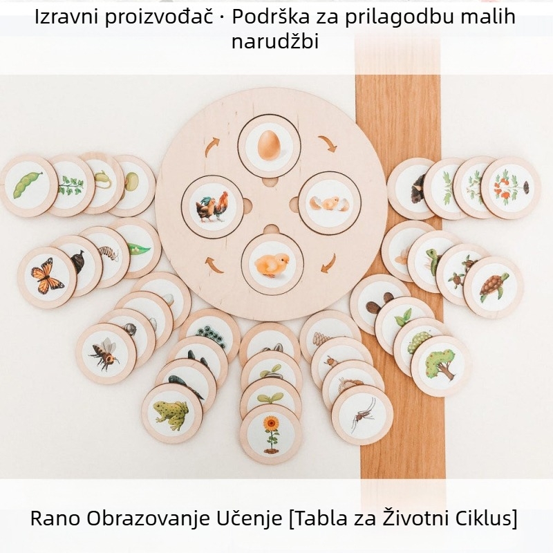 Montessori Life Cycle Tray Game – Drvena edukativna igra za rani razvoj, višenamjenska (Materijal: drvo; Uzrast: 3–6 godina; Obrada: prilagođene slike)
