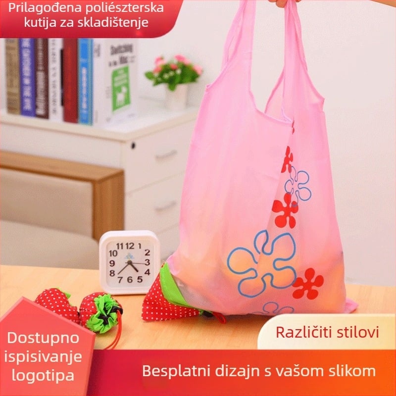 Torba za kupovinu s dizajnom jagode, poliesterska, sklopiva, nosivost 25 kg, s logotipom