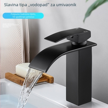 Crna slavina za umivaonik, s toplom i hladnom vodom, mlaz poput kaskade, nordijski stil